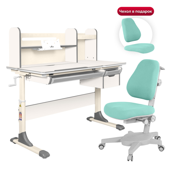 Комплект Anatomica Genius парта + кресло + надстройка + выдвижной ящик + подставка для книг белый/серый с мятным креслом Armata